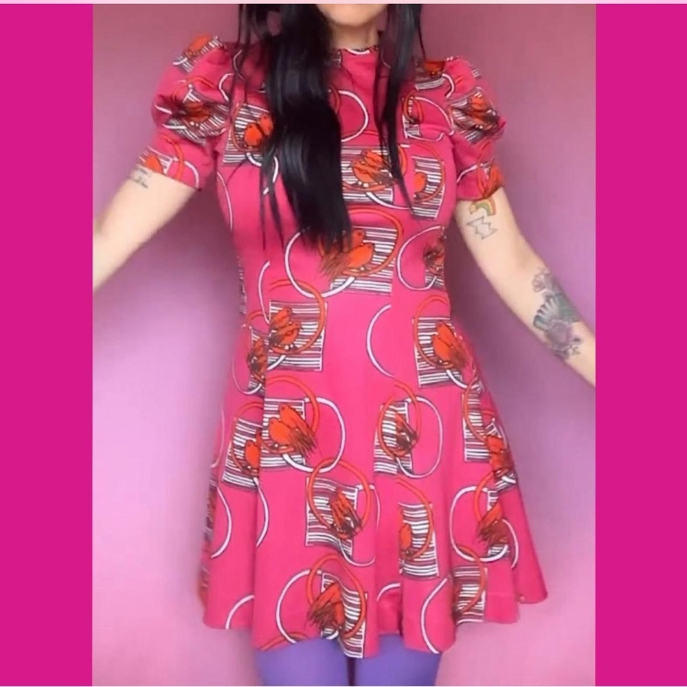 Vintage 70s Pink and Red Psychedelic Bird Novelty Print Puff Sleeve Mini Dress